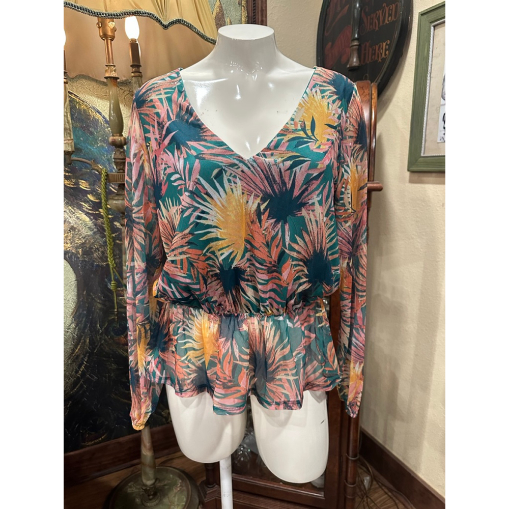 Women's Willow-Root Green Pink Tropical Print Blouse M